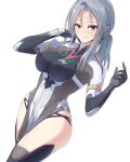 1girl alice_gear_aegis blue_eyes blush breasts gloves grey_hair highres kondou_chieri large_breasts long_hair looking_at_viewer open_mouth pelvic_curtain side_slit simple_background smile solo standing sweat thighhighs thighs tooto_(ryuto333) white_background 
