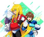  2boys ahoge armor artist_logo blonde_hair blue_armor blue_eyes brown_hair brushing_another&#039;s_hair brushing_hair chest_jewel commentary_request gift_art green_eyes guutara highres instagram_logo instagram_username long_hair mega_man_(series) mega_man_x_(series) multiple_boys no_headwear one_eye_closed red_armor short_hair shoulder_armor twitter_logo twitter_username very_long_hair watermark x_(mega_man) zero_(mega_man) 