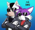 :&lt; anthro black_body black_clothing black_fur black_nose black_shirt black_topwear black_tuft blue_background canid canine cheek_tuft chest_tuft clothed clothing countershade_face countershading crossed_arms digital_drawing_(artwork) digital_media_(artwork) domestic_cat duo eyewear facial_tuft fan_character felid feline felis fox fur fur_tuft gradient_background hi_res jacket kerchief leather leather_clothing leather_jacket leather_topwear male mammal neckerchief purple_body purple_fur red_kerchief red_neckerchief rick_lewd sega shirt simple_background sonic_the_hedgehog sonic_the_hedgehog_(series) standing sunglasses tan_body tan_countershading tan_inner_ear topwear tuft white_body white_clothing white_countershading white_fur white_inner_ear white_tuft