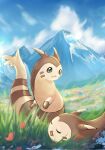 animal_focus blue_sky brown_fur closed_eyes closed_mouth cloud commentary_request furret giovanni_(giogiofx0083) green_eyes highres mountain no_humans on_grass open_mouth outdoors pokemon pokemon_(creature) sky smile standing tail 