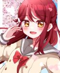  1girl :d blush bow braid breasts buttons cherry_blossoms commentary crown_braid double-breasted grey_sailor_collar hair_ornament hairclip long_hair long_sleeves looking_at_viewer love_live! love_live!_sunshine!! open_mouth red_bow red_hair sailor_collar sakurauchi_riko sasanohasarasa school_uniform serafuku sleeve_cuffs smile solo uranohoshi_school_uniform yellow_eyes 