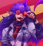  1girl belt chain coin_(ornament) ear_piercing earrings fingerless_gloves forked_tongue glasses gloves highres holding horns jewelry long_hair long_sleeves looking_at_viewer messy_hair necktie open_mouth otaeriaaoba piercing pink_horns pointy_ears purple_hair purple_horns purple_tail red-tinted_eyewear red_necktie round_eyewear sharp_teeth simple_background single_horn sleeves_rolled_up solo tail teeth tenkajin_chiyari tinted_eyewear tongue tongue_out torn_clothes torn_gloves touhou unbuttoned unbuttoned_shirt 