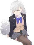  1girl bangs black_legwear blazer blue_jacket blue_neckwear bow bowtie brown_eyes brown_vest eye_piercing eyebrows_visible_through_hair grey_hair grey_skirt highres jacket lempika long_hair looking_at_viewer original school_uniform shindan_maker shirt silver_hair skirt solo thighhighs vest white_background white_shirt 