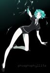  1other :o absurdres amputee androgynous aqua_eyes aqua_hair bare_legs black_background black_footwear character_name collared_shirt crystal_hair full_body gem_uniform_(houseki_no_kuni) glint highres houseki_no_kuni jumping kamezaemon loafers long_legs looking_to_the_side other_focus outstretched_arm parted_bangs phosphophyllite puffy_short_sleeves puffy_sleeves shards shirt shoes short_hair short_sleeves solo surprised 