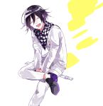  1boy arms_between_legs black_hair buttons checkered_clothes checkered_scarf closed_eyes crossed_legs danganronpa_(series) danganronpa_v3:_killing_harmony flipped_hair hair_between_eyes happy invisible_chair kuku_(gsvf5358) long_sleeves male_focus oma_kokichi open_mouth purple_hair scarf short_hair simple_background sitting smile solo straitjacket teeth white_background 