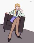  1girl blonde_hair chair collared_shirt crossed_legs diamond_wa_kudakenai elbow_rest genderswap genderswap_(mtf) grin high_heels jojo_no_kimyou_na_bouken kira_yoshikage long_hair low_ponytail neckerchief office_lady pantyhose parted_bangs pencil_skirt purple_eyes sempon_(doppio_note) shirt sitting skirt smile solo striped_clothes striped_shirt 