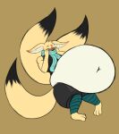 2023 anthro belly big_belly canid canine clothing embarrassed floating fox hi_res hiding huge_belly hyper hyper_belly inflation male mammal overweight pillowtummy scarf shy simple_background smile solo wide_hips