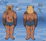 angry anthro blonde_hair bovid bovine braided_hair broad_shoulders cattle clothing color_swatch enopion feet front_view full-length_portrait hair happy hi_res highland_cattle horn long_hair looking_at_viewer looking_back male mammal markings model_sheet pecs portrait rear_view snout solo spots spotted_body tail underwear