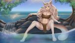 2021 5_fingers animal_humanoid anthro bandeau bangs big_hair bottomwear breasts brown_body brown_bottomwear brown_clothing brown_fur brown_tail canid canine canis clothed clothing cream_hair fantasy feet female fingers fluffy fluffy_tail fur furry_tail hair hi_res humanoid loincloth long_hair looking_at_viewer mammal mammal_humanoid multicolored_body multicolored_fur mythological_canine mythological_creature mythology not_furry parted_bangs paws pose saardequeen scar sea short_fur solo spread_legs spreading tail topwear tribal two_tone_tail water waterfall wavy_hair were werecanid werecanine werewolf white_body white_fur white_hair wolf