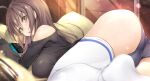  1girl :o ahoge artist_name ass black_panties breasts brown_eyes brown_hair eyebrows_visible_through_hair from_behind holding large_breasts long_hair long_sleeves looking_at_viewer looking_back lying nintendo_switch no_pants no_shoes on_stomach open_mouth original panties pillow solo underwear white_legwear won_(az_hybrid) 