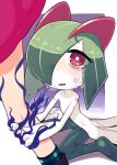  1girl @_@ crying dirty dirty_face gloria_(pokemon) green_hair hair_over_one_eye highres horns ino_(tellu0120) kirlia leg_grab looking_up on_floor out_of_frame pink_eyes pokemon pokemon_(creature) sidelocks simple_background streaming_tears tears 