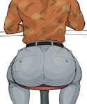  1boy absurdres ass ass_focus bara copyright_request cropped_head dokeshin grey_pants highres huge_ass male_focus masaharu_kaito(judgement) multicolored_shirt muscular muscular_male on_chair pants table white_background 