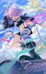  1girl :d ahoge benghuai_xueyuan black_footwear black_jacket black_shorts black_tube_top blue_sky boots cloud cloudy_sky dress full_body hair_over_one_eye highres holding homu_(honkai_impact) honkai_(series) jacket looking_at_viewer multicolored_hair open_clothes open_jacket open_mouth outdoors pink_hair purple_dress purple_thighhighs sharp_teeth shorts sin_mal sin_mal0909 single_thighhigh skateboard sky smile solo standing standing_on_one_leg strapless striped_clothes striped_thighhighs teeth thighhighs tube_top two-tone_hair white_thighhighs yellow_eyes 