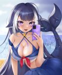  1girl animal_ears black_hair blue_collar breasts cetacean_tail chest_markings collar facial_tattoo fins fish_tail highres indie_virtual_youtuber koyonee long_hair looking_at_viewer orca_girl purple_eyes shylily shylily_(bikini) smile swimsuit tail tattoo virtual_youtuber white_hair 