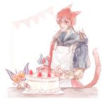  blush braid cake cat_tail cloak crystal_exarch feo_ul final_fantasy final_fantasy_xiv food fruit g&#039;raha_tia garland_(decoration) highres hood hood_down hooded_cloak material_growth open_mouth red_eyes red_hair strawberry strawberry_shortcake tail tail_raised tladpwl03 white_background 