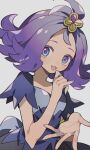  1girl acerola_(pokemon) dress flipped_hair hair_ornament highres kawasaki_(kwsk_8765) looking_at_viewer medium_hair multicolored_clothes multicolored_dress open_mouth pokemon pokemon_sm purple_eyes purple_hair short_sleeves simple_background smile solo topknot twitter_username 