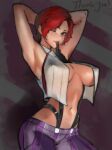  1girl arms_behind_head biting breasts glove_biting gloves juaag_acgy looking_at_viewer midriff one_eye_closed pants posing purple_pants red_eyes short_hair smile the_king_of_fighters the_king_of_fighters_xv vanessa_(kof) 