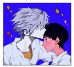  2boys black_hair blue_background blue_eyes closed_eyes grey_hair ikari_shinji male_focus multiple_boys nagisa_kaworu neon_genesis_evangelion orange_shirt school_uniform shirt tearing_up tokyo-3_middle_school_uniform vkp_241 white_shirt yaoi 