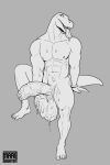 2:3 abs anthro balls big_balls big_penis biped feet fingers foreskin genitals hi_res huge_balls huge_penis humanoid_genitalia humanoid_penis male mariart monochrome muscular muscular_anthro muscular_male pecs penis scalie solo tail toes tongue tongue_out urn_(mariart)