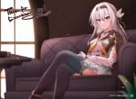  1girl absurdres aruvian13 black_hairband black_jacket breasts collared_shirt commission couch cropped_jacket crossed_legs firefly_(honkai:_star_rail) floating_hair grey_hair hair_between_eyes hair_ornament hairband highres honkai:_star_rail honkai_(series) indoors jacket long_hair long_sleeves looking_at_viewer medium_breasts neckerchief on_couch orange_neckerchief ribbon shirt sitting skirt smile thighhighs 