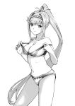  1girl breasts chin_bell closed_mouth collarbone contrapposto core_crystal_(xenoblade) glimmer_(xenoblade) greyscale high_ponytail highres large_breasts long_hair looking_at_viewer monochrome navel simple_background smile solo standing very_long_hair white_background xenoblade_chronicles_(series) xenoblade_chronicles_3 xenoblade_chronicles_3:_future_redeemed 