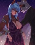  absurd_res anthro big_breasts blue_eyes blue_hair breasts canid canine cervid cleavage clothed clothing dress duo eye_patch eyewear female hair hi_res ladysgusting male mammal scar star 