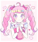  1girl aozora_himari blunt_bangs bow bracelet closed_mouth commentary_request cropped_torso hair_bow hands_up heart himitsu_no_aipri idol_clothes jewelry long_hair looking_at_viewer own_hands_together pink_background pink_bow pink_hair pretty_series purple_bow purple_eyes smile solo twintails upper_body yukiichigo 