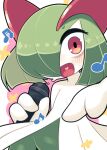  bags_under_eyes colored_skin green_hair hair_over_one_eye heart highres holding holding_microphone ino_(tellu0120) kirlia looking_at_viewer microphone multicolored_skin music musical_note open_mouth pink_eyes pokemon pokemon_(creature) sidelocks singing smile two-tone_skin white_skin 