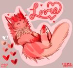 ambiguous_gender body_hair chest_fur chest_hair chest_tuft claws digital_drawing_(artwork) digital_media_(artwork) feral fluffy fluffy_ears fluffy_hair fluffy_neck_fur fluffy_tail fur hair heart_symbol hearts_around_body kradee lokrad lovie_(lokrad) mammal neck_tuft pink_body pink_claws pink_fur pink_hair pink_nose simple_background smile solo tail text tuft