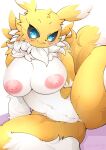 anthro areola bandai_namco big_breasts black_sclera blue_eyes blush breasts canid canine digimon digimon_(species) female fur genitals hinata_sakamoto looking_at_viewer mammal nipples nude pussy renamon simple_background smile solo white_body white_fur yellow_body yellow_fur