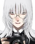  1girl black_nails commentary detached_sleeves glasses grey_eyes highres hoshi_san_3 long_hair looking_at_viewer nail_polish original parted_lips portrait simple_background solo symbol-only_commentary white_background white_hair 