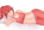  1girl anna_(fire_emblem) bare_shoulders bluefield breasts fire_emblem hair_between_eyes hand_on_own_head highres lying medium_breasts midriff navel on_side pajamas pillow ponytail reclining red_eyes red_hair sidelocks simple_background solo tank_top white_background 