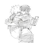  2boys against_wall anal bakugou_katsuki boku_no_hero_academia boots burn_scar censored commentary dailykrumbs greyscale highres holding_another jacket legs_up lineart long_sleeves looking_at_another male_focus monochrome mosaic_censoring multiple_boys pants pants_pull saliva scar sex shirt short_hair simple_background teeth todoroki_shouto white_background yaoi 