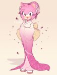  1girl :3 :d amy_rose animal_nose blush english_commentary eyelashes full_body furry green_eyes hedgehog hedgehog_ears hedgehog_girl highres japanese_clothes kimono looking_at_viewer mekaiime obi open_mouth pink_hair sash simple_background smile solo sonic_the_hedgehog sparkle standing 