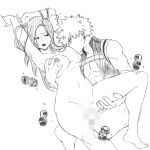  1boy 1girl arms_up bakugou_katsuki bangs bare_shoulders blank_censor blush boku_no_hero_academia breast_grab breast_sucking breasts censored completely_nude dailykrumbs grabbing greyscale hetero highres large_breasts lineart long_hair looking_at_another monochrome mosaic_censoring navel nipples nude sex short_hair simple_background upper_teeth white_background yaoyorozu_momo 