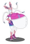 anthro belly big_belly big_breasts blackmetaltowonja breasts clio_(blackmetaltowonja) clothing eeveelution female footwear generation_6_pokemon hand_on_hip huge_belly hyper hyper_pregnancy nintendo pokemon pokemon_(species) pregnant pregnant_female shoes sneakers solo sylveon