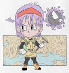  boots bulma chibi closed_mouth dragon_ball dragon_ball_z earrings fangs gastly ghost hairband highres jewelry pokemon pokemon_(creature) purple_eyes purple_hair red_hairband wesatinthecar 