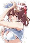  armpits bikini blue_eyes blush bottle breasts brown_hair cleavage clothes_pull hair_between_eyes hair_ribbon holding holding_bottle idolmaster idolmaster_million_live! idolmaster_million_live!_theater_days large_breasts long_hair looking_at_viewer mitogawawataru ponytail pulled_by_self red_ribbon ribbon satake_minako shirt shirt_pull sidelocks signature simple_background sleeveless splashing sweat swimsuit upper_body water_bottle water_drop wavy_hair wet wet_clothes wet_hair wet_shirt white_background white_bikini white_shirt 