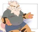 2024 4_fingers anthro anthrofied arcanine belly big_belly bottomwear clothing fingers generation_1_pokemon hi_res humanoid_hands inunoshippo kemono male nintendo one_eye_closed overweight overweight_male pokemon pokemon_(species) shirt shorts simple_background sitting solo topwear wink