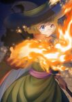  1girl artist_name black_cape black_gloves blue_eyes brown_hair cape closed_mouth commentary cosplay dragon_quest dragon_quest_iii dress fire glasses gloves green_dress hat highres holding holding_staff ichinose_minori light_frown long_dress long_sleeves looking_at_viewer mage_(dq3) mage_(dq3)_(cosplay) magic mymo0527 precure rimless_eyewear round_eyewear short_hair signature solo staff standing tropical-rouge!_precure witch_hat 