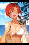  1girl bangs bare_shoulders beach bikini blush boudica_(fate) breasts cleavage closed_eyes cloud collarbone commentary_request day eyebrows_visible_through_hair fate/grand_order fate_(series) front-tie_bikini front-tie_top hair_between_eyes holding large_breasts nail navel o-ring o-ring_bikini ocean open_clothes open_mouth open_shirt outdoors plant ponytail pov red_hair ruinosuke sand see-through shining_goddess short_hair short_ponytail sky smile swimsuit taking_another&#039;s_hand water white_bikini white_swimsuit 