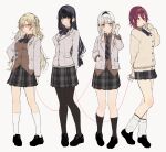  4girls absurdres bangs black_footwear black_hair blazer blonde_hair blush bow bowtie breasts brown_cardigan brown_eyes brown_shirt buttons cardigan closed_mouth commentary finger_to_mouth flat_chest full_body grey_background grey_eyes hair_ornament headband highres jacket kayahara large_breasts long_hair long_sleeves looking_at_viewer loose_socks miniskirt multiple_girls necktie open_clothes open_jacket original pantyhose pink_eyes plaid plaid_skirt pleated_skirt red_eyes red_hair school_uniform shirt short_hair simple_background skirt smile standing string string_of_fate thighhighs thighs two_side_up white_hair white_jacket white_legwear yuri 