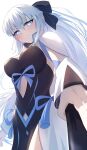 1girl black_bow black_dress blue_eyes bow braid breasts center_opening cleavage clothing_cutout dress fate/grand_order fate_(series) french_braid grey_hair hair_bow highres large_breasts long_hair long_sleeves looking_at_viewer morgan_le_fay_(fate) ponytail sidelocks solo stomach_cutout thighs two-tone_dress umi_endu very_long_hair 
