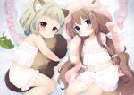  2girls animal_ear_fluff animal_ears azur_lane bed between_legs bloomers blue_eyes blush bow brown_hair camisole cardigan commission commissioner_upload crescent crescent_hat_ornament crossover dog_ears dog_girl dog_tail fumizuki_(azur_lane) fumizuki_(sleepy_fairy)_(azur_lane) genshin_impact hair_bow hair_ornament hairclip hat hat_ornament hugging_own_tail hugging_tail leaf long_hair looking_at_viewer lying midriff multiple_girls navel on_back on_side pillow raccoon_ears raccoon_girl raccoon_tail red_eyes ribbon sayu_(genshin_impact) sen1986 short_hair skeb_commission sleepwear smile striped_cardigan tail tail_between_legs trait_connection white_bloomers white_camisole 
