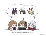  6+girls animal_ears assault_lily black_hair black_ribbon blonde_hair blue_bow blue_hairband blunt_bangs bow bow_hairband bowtie braid brown_hair brown_sailor_collar chibi closed_eyes collared_shirt commentary elbows_on_table fake_animal_ears frilled_hairband frills gradient_bow grey_hair hair_bow hair_ornament hairband hands_on_own_cheeks hands_on_own_face head_rest heart herensuge_girls_academy_school_uniform highres iijima_renka jacket kabayaki_(kabayaki_eel) kanba_girls_high_school_uniform kon_kanaho kuo_shenlin long_hair long_sleeves looking_ahead miyagawa_takane multiple_girls neck_ribbon no_mouth official_alternate_costume one_side_up purple_ribbon rabbit_ears red_bow red_bowtie red_hairband red_shirt ribbon sailor_collar school_uniform serafuku serizawa_chikaru shared_thought_bubble shirt side_braid simple_background solid_oval_eyes star_(symbol) star_hair_ornament thinking thought_bubble translated twitter_username two-tone_bow wang_yujia white_background white_bow white_hairband white_jacket yurigaoka_girls_academy_school_uniform 