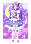  1girl absurdres blue_eyes boots bow breasts choker collarbone cosplay crescent crescent_earrings cure_selene cure_selene_(cosplay) dress earrings full_body hair_ornament heart_pouch highres jewelry keijirou_(mukunozaltusou) long_hair magical_girl precure puffy_sleeves purple_background purple_choker purple_dress purple_hair short_sleeves small_breasts smile solo star_color_pendant star_twinkle_precure very_long_hair white_background 