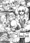 anthro bangs biped bovid breasts canid canine caprine clothed clothing collar comic felid feline female fur german_text goat graphite_(artwork) greyscale group hair horn japanese_text laugh male mammal marudi monochrome multi_breast nipple_outline paws pencil_(artwork) skimpy smile text tongue tongue_out traditional_media_(artwork)