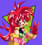  1990s_(style) 1girl araizumi_rui_(style) earrings gloves highres jewelry long_hair looking_at_viewer off_shoulder parfait_(lamune) parody pink_eyes potiri02 red_gloves red_hair retro_artstyle shoulders solo style_parody upper_body v vs_knight_lamune_&amp;_40_fire 