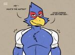 2024 anthro black_text blue_body blue_feathers brown_background clothed clothing dialogue falco_lombardi feathers flirting hi_res male muscular muscular_male nintendo open_clothing open_shirt open_topwear red_body red_feathers seductive shirt simple_background smile solo star_fox tadaoardo text topwear white_dress_shirt white_text