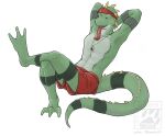 2007 abs anthro clothed clothing crossed_legs guana hands_behind_head iguanid kiwaku lizard long_tail long_tongue male open_mouth partially_clothed reclining reptile scalie solo spikes tail tapering_tail tongue tongue_out